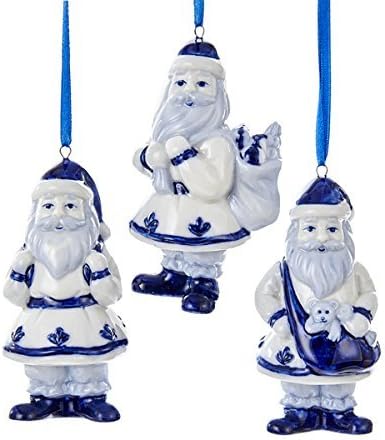 Kurt Adler 1 Set 3 Assorted Porcelain Delft Blue Santa Christmas Ornaments