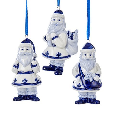 Kurt Adler 1 Set 3 Assorted Porcelain Delft Blue Santa Christmas Ornaments