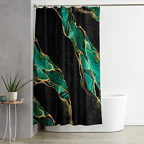Emerald Green Texture Shower Curtain, Abstract Black Marble Green And Gold Veins Fabric Shower Curtain For Bathroom Decor, Modern Luxury Art Waterproof Shower Curtain Set With Hooks, 72 X 72 #TOP1
