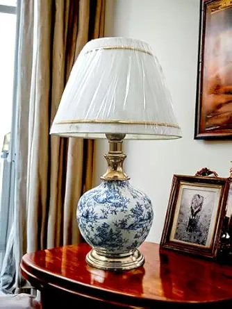 The Devine Decor Antique Gold Metal Table Lamp | Brass Antique Finish Gold Table Lamp for Bedroom, Bedside, Living Room, Home Decoration, Hotel Pack of 1 | Size:46 X 25 cm (Blue & White)