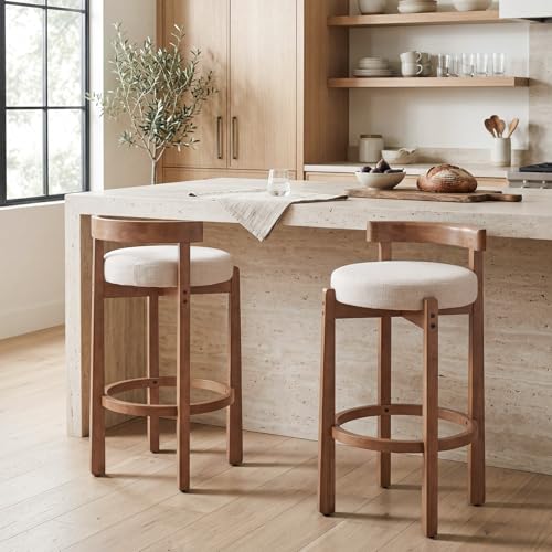 HNY Modern Linen Counter Stool, Upholstered 26.5" Counter Height Barstool with Natural Wood Legs Mid Century Round Kitchen Island Stool with Low Back Footrest for Dining Room Cafe, Beige 1 P