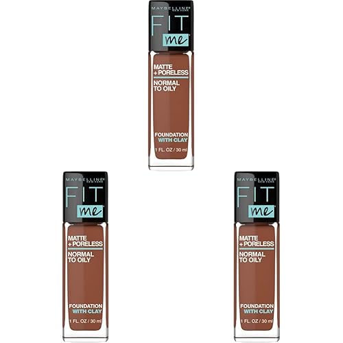 Maybelline Fit Me Matte + Poreless - Base de maquillaje líquida de nuez moscada, 1 onza líquida, base sin aceite (paquete de 3)