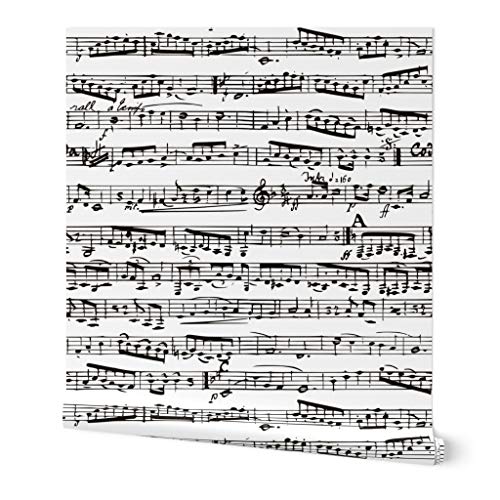 Spoonflower Peel & Stick Wallpaper Swatch - Black White Music Notes Large Musical Musician Piano Custom Removable Wallpaper