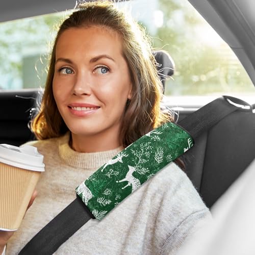 Image of White Christmas Deers Plants Seat Belt Cover Pad 2 Pcs Soft Cute Seatbelt Covers Protector Support Head Neck Shoulder Strap for Car Seats High Chair Backpack for Adults Kids Women Men 10x7.7In