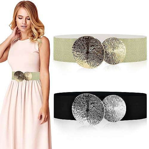 DTYGUIXE 2 Piezas Cinturones Elástico de Mujer para Vestidos Cinturones Ancho de Tela Negro y Dorado Cinturones Elegantes para Vestidos de Fiestas con Hebilla Plateada y Dorada