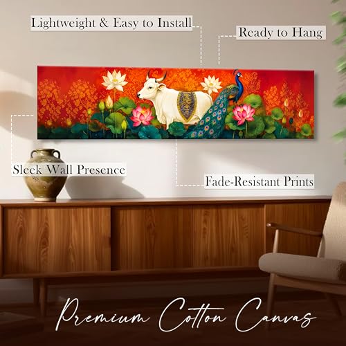 Image of Modern Pichwai Kamdhenu Cow Stretched Canvas Wall Art Painting for Living Room, Horizontal Pichwai Peacock Canvas Wall Decor For Livingroom, Bedroom, Office, Hallway's, Hotel 12x46 Inch