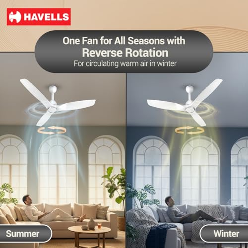 Image of Havells Stealth Slim BLDC 1200 mm Ceiling Fan | Remote Controlled, High Air Delivery Fan | 5 Star Rated, Upto 50% Energy Saving, Reverse Rotation, 2 Year Brand Warranty | (Pack of 1, Satin White)