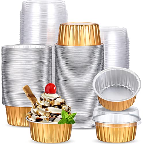 150 Pcs Aluminum Foil Baking Cup Disposable Ramekins With Lids 5Oz Mini Cupcake Liners Flan Mold Mini Cake Pans With Lids Disposable Cake Tins For Pudding Desert Creme Brulee (Gold, Silver) #TOP23