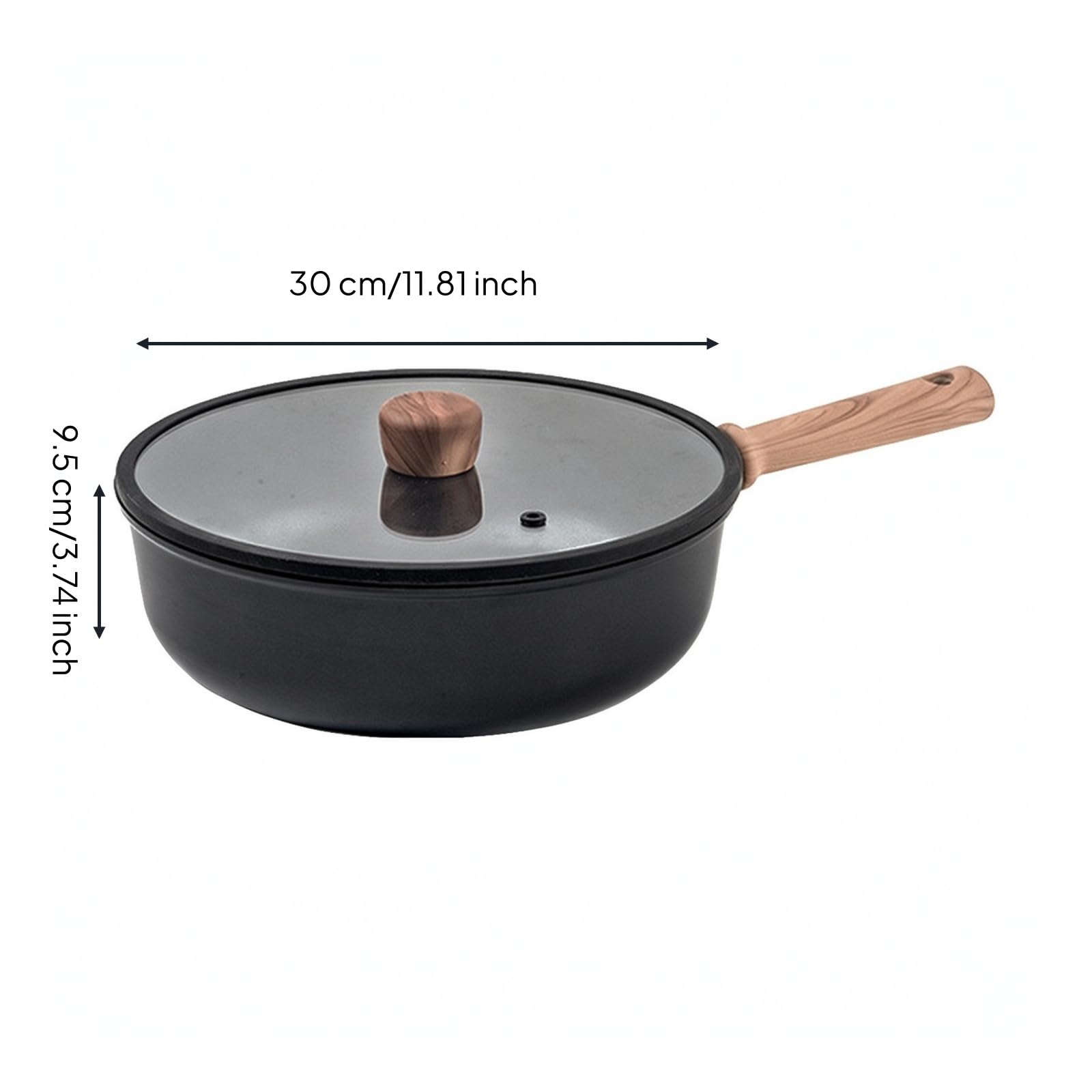 Wok con Manico Effetto Legno Resistente Al Pentola per Compatte, 30CM, Wok Con Coperchio