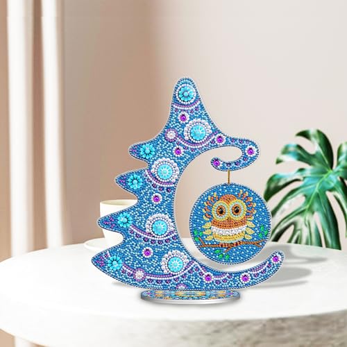Image of AiYuanzsh Blue Christmas Tree Diamond Art Tabletop Ornament with Owl Hanging Kit, Acrylic Diamond Painting Desktop Decoration Kit, DIY Holiday Diamond Art Crafts 9.84 x 11.22 inch