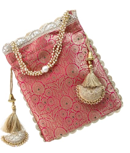 Image of MILAN'S CREATION Pure Banarasi Potli Silk Brocade Bag Purse Drawstring Women's handbag with Pearl Handle & Tassel Weddings