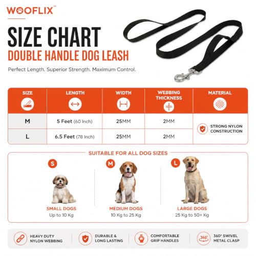 Image of Wooflix Heavy Duty Double Handle Dog Leash for Small, Medium and Large Dogs | Anti-Slip Dual Handle with Heavy Duty Metal Hook Dog Lead Leash for Walking, Running & Training (Black, 5 Feet)