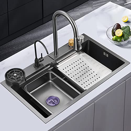 New Waterfall Kitchen Bar Sink, 304 Stainless Steel, With Cup Washer, Drop-In Or Undermount Installation (Color : Black-Grey, Size : 80X45X20Cm) #TOP1