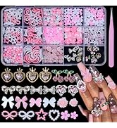 3D Nail Charms+Gems, Pink White Bows Butterfly+Nail Charms Acrylic Spring Blossom Rose Tiny Flowe...