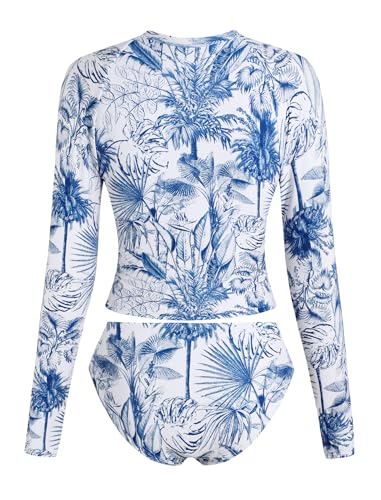 Image of ZAFUL Womens Rash Guard Swimsuits Long Sleeve Sun Protection Bathing Suit Tropical Swim Shirts with Briefs