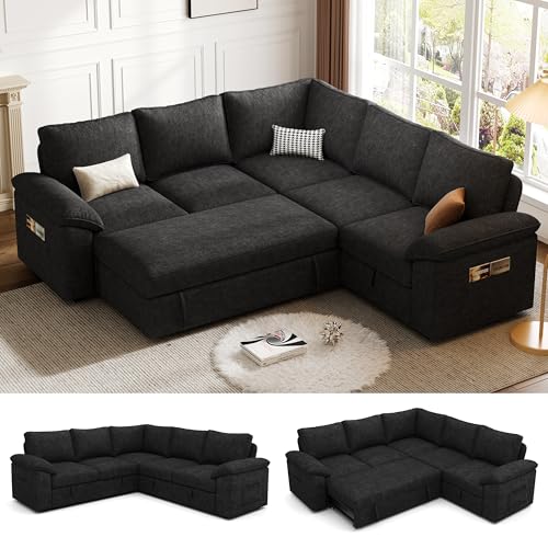 SUAWY 85 Inch Modular Sectional Sofa with Pull Out Bed, L Shaped 5 Seat Sectional Sleeper Sofa with Storage, Sectional Couches for Living Room, Cloud Modular Couch,Removable Sofa Cover, Black