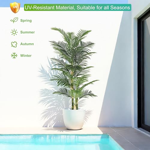 Image of Nafresh 7ft Ultra-Full UV Resistant Fake Golden Cane Palm Tree with Triple Trunks, 84in Tall Artificial Palm Tree Indoor Outdoor, Faux Palm Plant for Living Room Home Office Patio Garden Decor