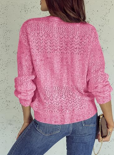 Image of SHEWIN Women's Sweaters Casual Long Sleeve V Neck Crewneck Lightweight Crochet Pullover Sweater Tops