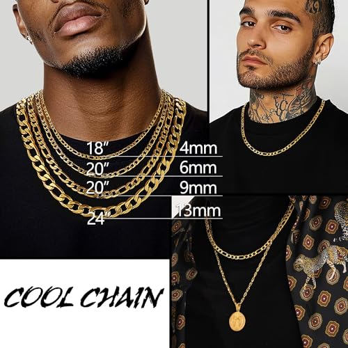 PROSTEEL 316L Stainless Steel Figaro Cuban Chain Necklace for Men, Black/18K Real Gold Plated, 4/5/6/7.5/9/10/13mm, 14inch-30inch, Come with Box - Image 3