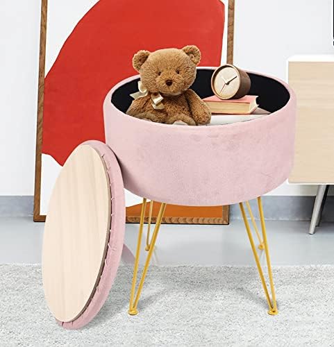 DEARYOU Velvet Round Ottoman Footstool with Gold Metal Legs,Stool with Storage for Vanity,Coffee Table Top Cover,Velvet Dressing Table Seat for Living Room,Bedroom,Removable Seat Lid (Pink)