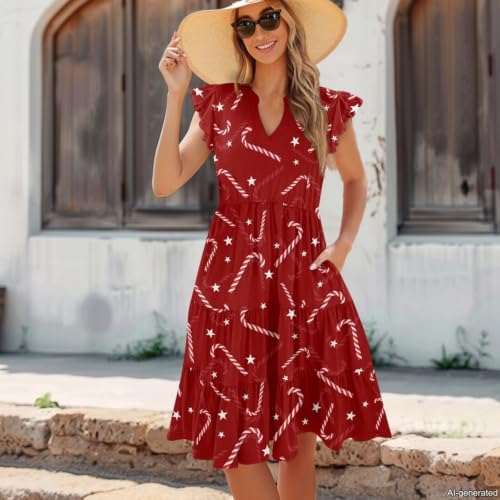 Image of Womens Summer Dress Ruffle Sleeve V Neck Dress Casual Fit Flowy Beach Vacation Sundress with Pocket S-2XL