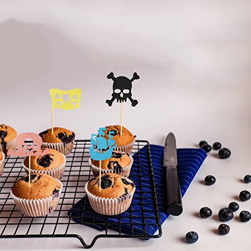 Arthsdite Pack Of 48 Pre-Assembled Pirate Cupcake Toppers Decorations Skull Cap Corsail Pirate Flag Cupcake Picks For Boy's Birthday Party, Baby Shower, Baby First Birthday Party Supply #TOP5