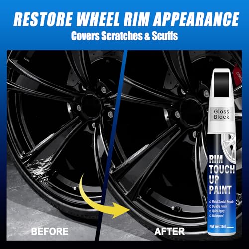 Image of Gloss Black Rim Touch Up Paint, 2-in-1 Brush & Tip, 0.4 fl oz - Universal Black Rim Curb Rash Repair Kit for Scratches, Scuffs on Alloy /Metal Wheels, OEM Color Match, Quick-Dry & Long-Lasting