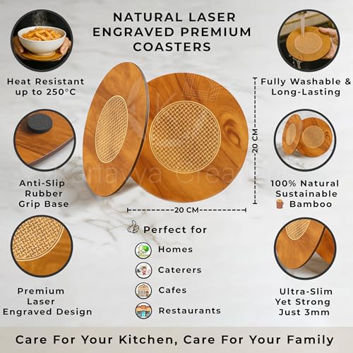 Image of Premium Wooden Coaster Trivet Set | Large Heat-Resistant Pot Stand for Hot Utensils | Non-Slip, Durable, Multipurpose Table Mats for Dining Table, Kitchen, Restaurant, Cafe & Buffet Use (Set of 4)