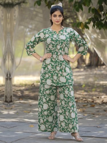 Image of Pinkmint Women's Pure Cotton Co Ord Set l Kurta Sets for Women |Kurta Sets| Printed Kurta with Pant l Stylish Pocket & 3 /4 Sleeve Women Co-ord Set (Avaiable in Plus size)