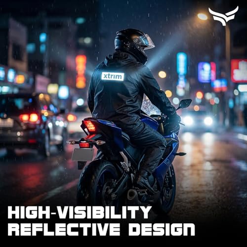 Image of XTRIM Raincoat, Waterproof Jacket with Hood, Zipper, Snap Button, Black | Pants with Elastic Waist, Pocket, Reflective Trim for Biking & Travelling