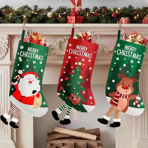 Yiomxhi 3 Pezzi Calza Befana da Appendere, Calze Natalizie Vuota Grande Borsa Regalo per Natale Decoraizione Camino, Rossoe Verde