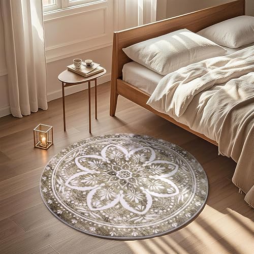 Image of Carvapet 36 inch /91 cm Washable Round Rugs - Small Vintage Circle Rug, Non Slip Rubber Backing Foldable Low Pile for Living Room Bedroom, 3ft Brown Rug