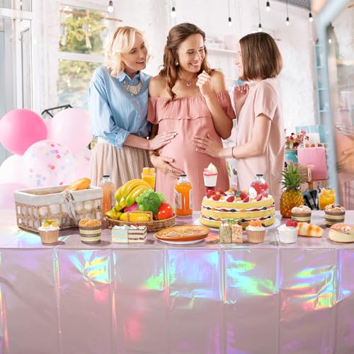 Image of 3 Pack Iridescent Light Pink Tablecloth for Parties, Pastel Pink Holographic Plastic Table Cover, Disposable Laser Baby Pink Table Cloth for Birthday Wedding Baby Shower Party Decorations, 54x108 Inch
