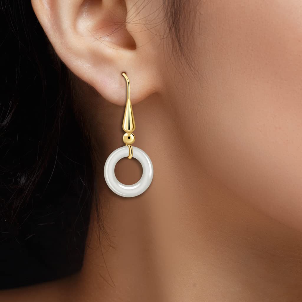 Pendientes de Aro y Piedra de Ágata para Mujer Chapados en Oro de 18K- Diseño Artesanal (Medida aprox. 4 cm de largo. Piedra de ágata blanca en forma de aro de 16 mm)