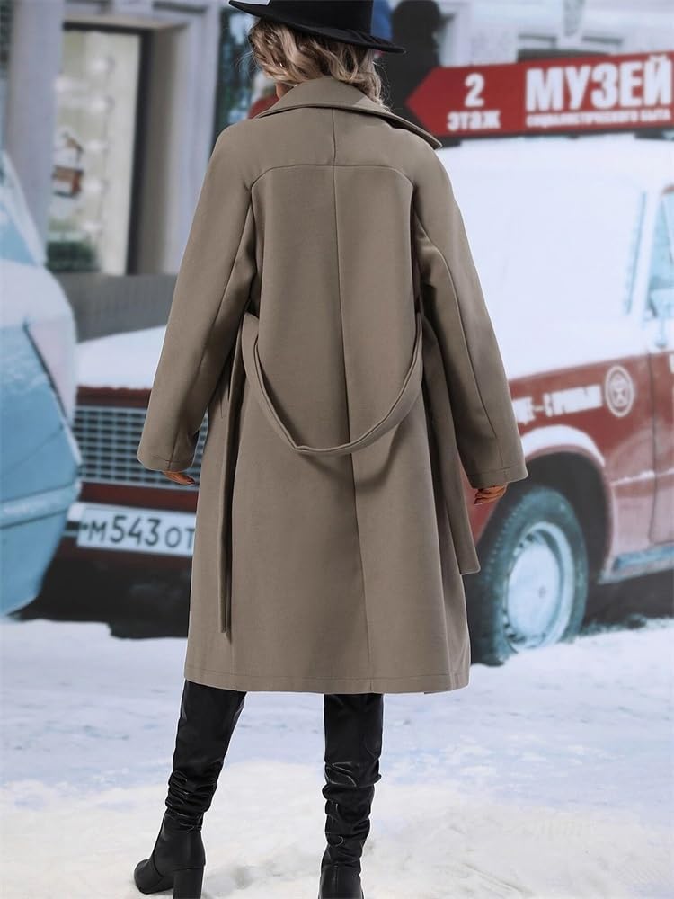 Gabardina larga de lana cálida para mujer, con cuello de solapa, para invierno, doble botonadura, color liso, con cinturón, ropa de abrigo, chaqueta de otoño/invierno, gabardina para mujer