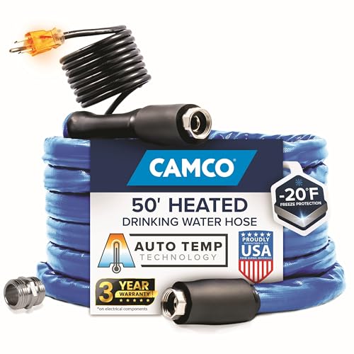 Camco 50' Heated Water Hose for RV — Prevents Freezing Down to -20° — Certified For Drinking Water & Lead-Free — Great for Campers, Livestock, Agriculture, Kennels, etc. — 5/8' ID (22912)
