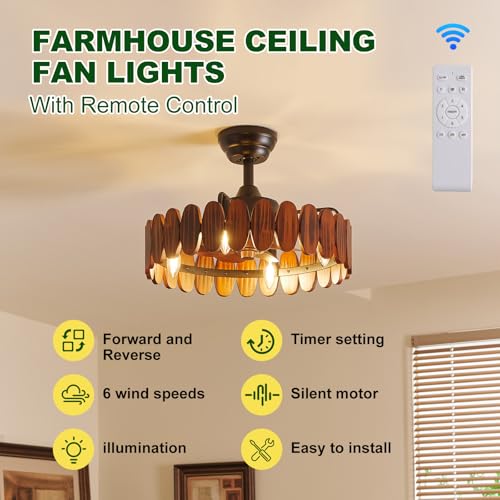Image of Farmhouse Wood Ceiling Fan with Lights, 19.7 Inch Rustic Chandelier Ceiling Fans Vintage Fence Caged Enclosed Bladeless Ceiling Fan Light Fandelier for Kitchen Dining Room