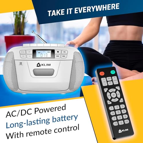 KLIM Odtwarzacz CD - odtwarzacz kasetowy, radio Am/FM CD i Bluetooth, pilot, kaseta radiowa z CD-R i nagrywaniem na taśmie, USB, AUX, odtwarzacz CD-R z dźwiękiem stereo - biały