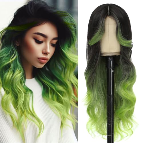 iluadme Black And Green Wig Highlight Sythetic Long Wavy Wig 26 Skunk Stripe Wigs For Women Daily Party Used Middle Part Cosplay#OTgreen