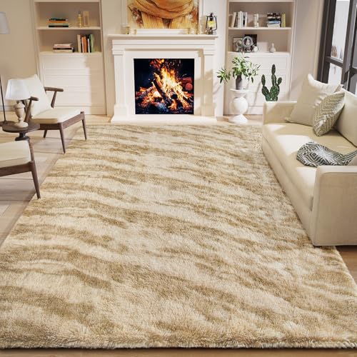HOMORE 6x9 Area Rug for Living Room, Tie-dye Beige Fluffy Furry Shaggy Rugs for Bedroom, Super Soft and Comfy Carpet for Kids Room, Cute Carpets for Nursery Boys Girls Home Decor