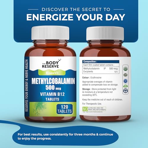 Image of THE BODY RESERVE Vitamin B12 Supplements Methylcobalamin 500 Mcg Tablets | Active For Men & Women 120 Veg (4-Month Supply)