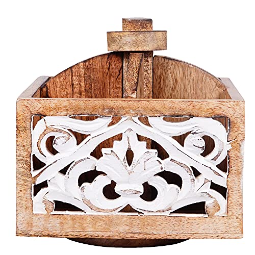 Wooden Spinning Pen Holder - Rotating Desk Organizer - Ellora in Distressed Ivory over Medium Polish - Decorative Wood Pencil Holder - 4 Section Desk Caddy for Office, Home & Art Supplies