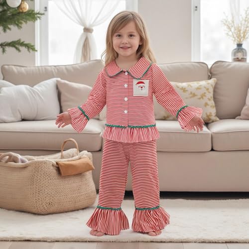 Baby Kid Girls Ruffled Cotton Pajamas Set Long Sleeve Button Down Shirts Tops and Pants Matching 2PCS Pj Lounge Sets2