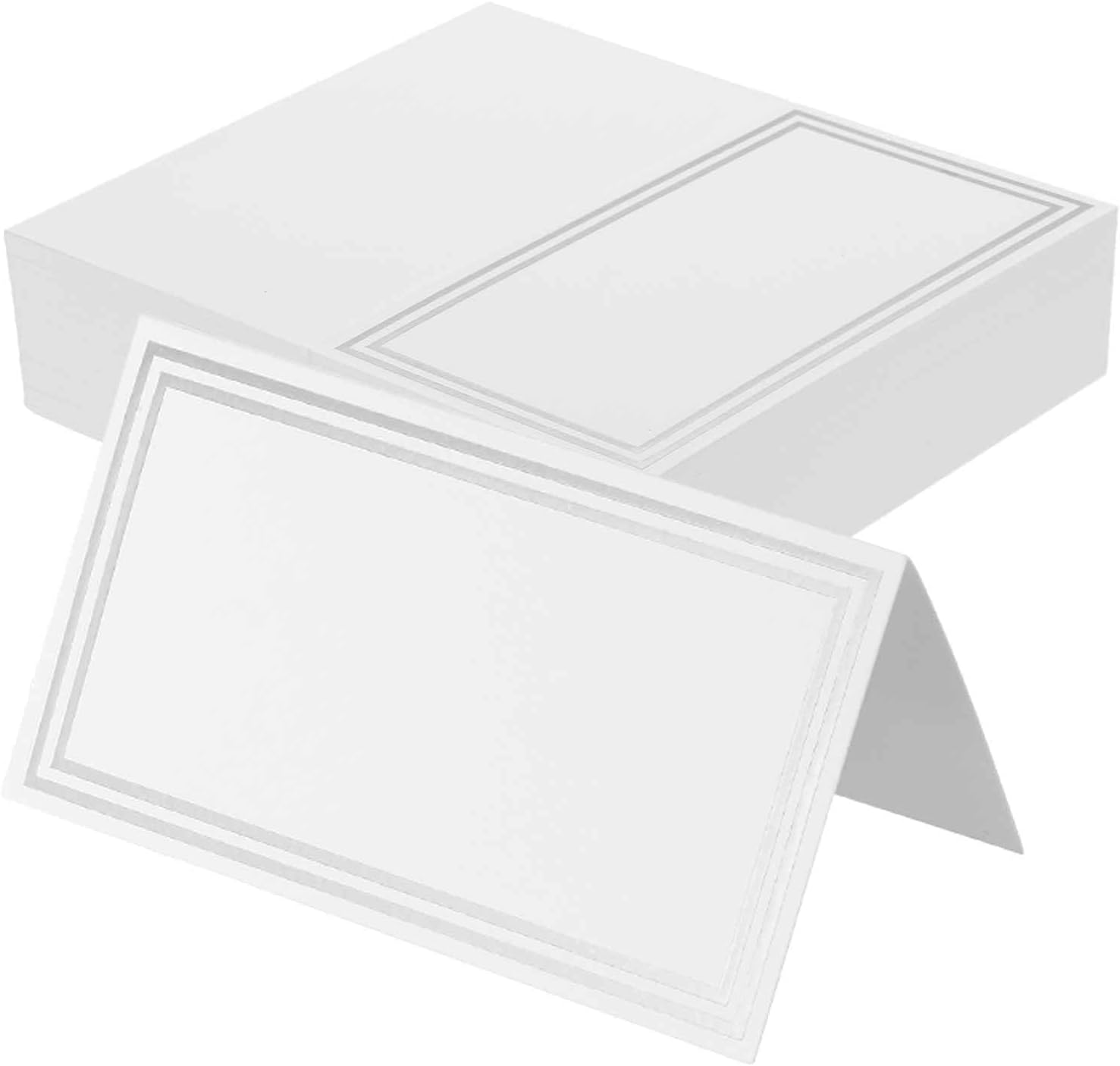 MECCANIXITY 20pcs Place Cards, Line Border Printable Place Name Cards for Table Setting Wedding Dinner Parties Events Reserved Seating, White Silver Double Line