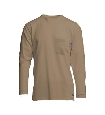 Lapco FR Mens 6oz 93/7 Cotton-Spandex Knit Long Sleeve Pocket T-Shirt, Flame-Resistant, Khaki, Small