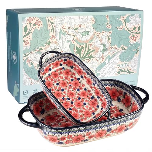 Polish Pottery Style Ceramic Baking Dish Set, 2-Piece Casserole Bakers for 2–3 People, Floral Decorative Bakeware, Oven Safe Lasagna Pan, Microwave Dishwasher Safe, Gift-Ready, Protective Packaging