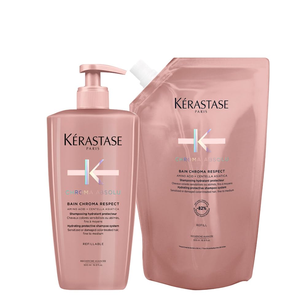Kérastase Chroma Absolu Bain Chroma Respect - Recambio de champú protector para cabellos teñidos, incluye Chroma Absolu Bain Chroma Respect 500 ml en dispensador y recambio de 500 ml