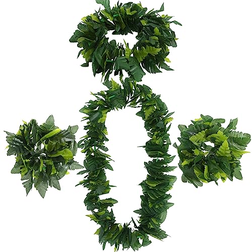 DEARMAMY 4 in 1 Green Hawaiian Party Garland Artificial Leaves Headband Lifelike Leaves Necklace Loop Bracelet Tropical Fern Leaf Headband Necklaces for Hawaii Beach Pool Hula Dance Luau