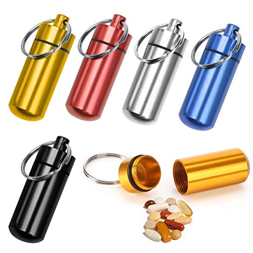 ASEOK 6 stks Outdoor Aluminium Waterdichte Pil Houder Doos, Waterdichte Sleutelhanger Pil Doos Sleutelhanger Aluminium Pil Container Kleurrijke mini aluminium pil capsule seal pillen houder Draagbare