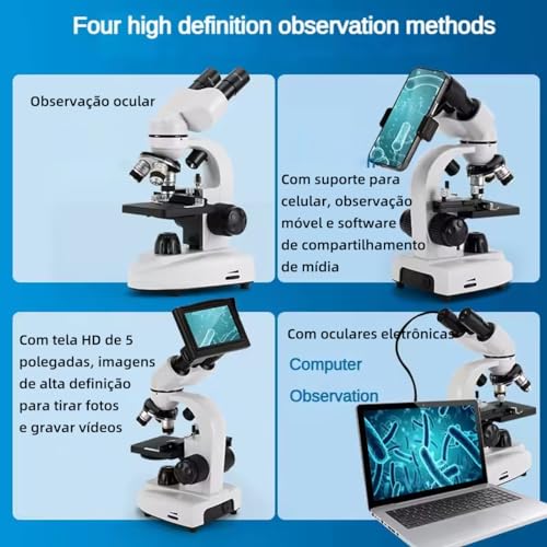 Microscópio binocular HD profissional - Foco rápido, fonte de alimentação dupla, observação de telef